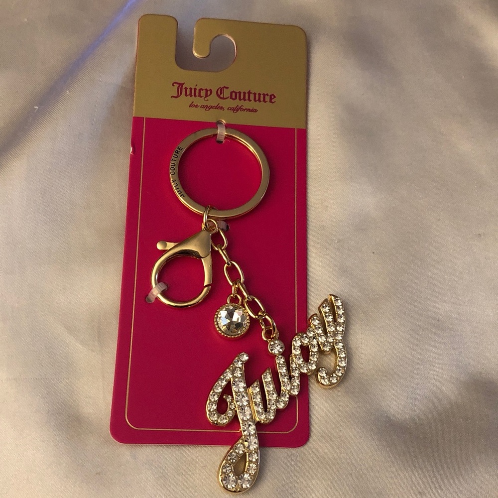 Juicy Couture Gold Tone Juicy Logo Keychain Bag Charm Clear Crystal Accents NWT